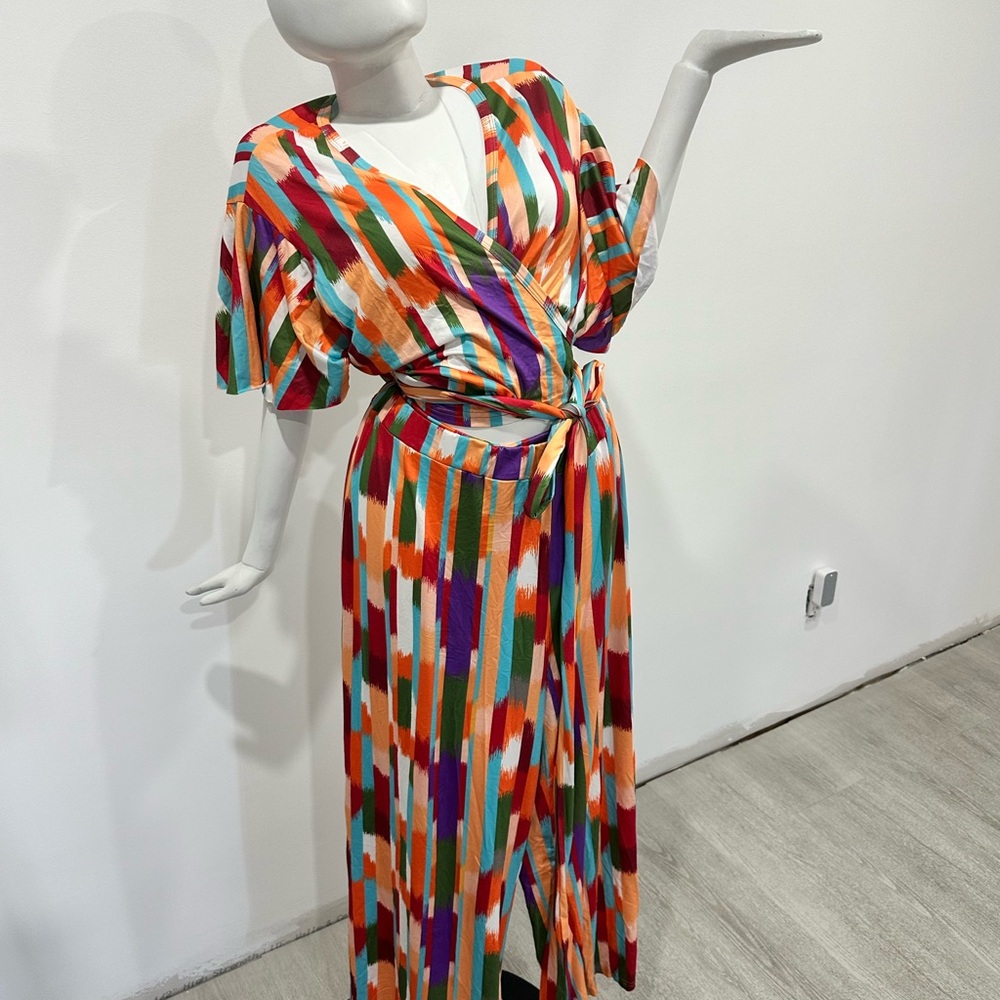 Multicolor Striped wide leg cropped top pantsuit